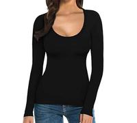Angxiwan Todays Daily Deals Oversized T Shirt Women Women's T Shirt Solid Color Low U Neck Slim Bottom Long Sleeved Top Women's Going Out Tops Clearance 2024 Black