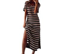 Angxiwan Todays Daily Deals Summer Dresses for Women UK Plus Size Stripe Print Maxi Dress Casual Short Sleeve Tunic Dresses Fashion Side Cutout Lightning Deals of The Day Prime Today Khaki