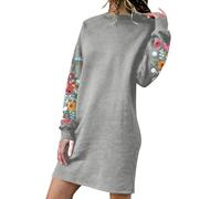 Angxiwan Todays Offers Special Deals Dresses for Women UK Fashion Floral Print Long Sleeve Mini Dress Casual Loose Fit Sweatshirt Dresses Retro Crew Neck Dress for Women UK Clearance