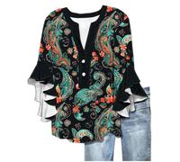 Angxiwan Tops for Office Wear Summer Tops for Women UK Fashion Floral Print Flowy Ruffle Sleeve Tunic Tunic Casual Loose Fit 3/4 Length Sleeves Shirts Neon Clothes Women