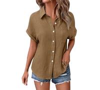 Angxiwan Tops for Women UK Clearance Summer Linen Tops for Women UK Lightweight Button Down Boho Shirts Casual Pleated Muslin Blouse Solid Color Short Sleeve Tunic My+Orders
