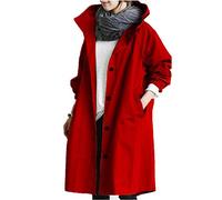 Angxiwan Trench Jackets for Women UK Casual Long Windproof Coat with Pocket Plus Size Hooded Lapel Collar Windbreaker Jacket Casual Loose Fit Spring Autumn Coat Outwear Red