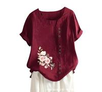 Angxiwan Tunic Tops for Women UK Women's Cotton and Linen Loose Fit Casual Floral Print Short Sleeve Button Up Top Women's Shirts and Blouses Loose Summer Tops for Women UK Wine
