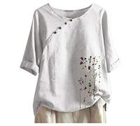 Angxiwan UK Womens Linen Tops Print Size Pullover Women Plus Short Blouse Flower Sleeve Shirt Tops Loose Women's Blouse Prime Big Deals White