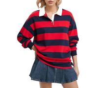 Angxiwan V Neck Gym Tops for Women Women's Oversized Striped Sweatshirt Long Sleeve Rugby Collared Pullover Tops Loose Fit Shirt Women S Shirts Casual Woman Tshirt Long Cheesecloth Shirts