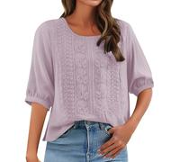 Angxiwan V Neck T Shirts for Women UK Linen Shirts for Women UK Casual Loose Fit Short Sleeve Tunic Tops Retro Floral Embroidery Jacquard Linen Blouse Solid Color Sales Clearance B Pink