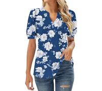 Angxiwan Vintage T Shirts Women Summer Tops for Women UK Clearance Casual Floral Pleated Going Out Blouse Plus Size Short Sleeve Tunic Tops Fashion V-Neck New Year for UK C Blue