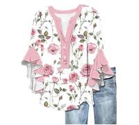 Angxiwan Vintage T Shirts Women Summer Tops for Women UK Fashion Floral Print Flowy Ruffle Sleeve Tunic Tunic Tops Casual Loose Fit 3/4 Length Sleeves Shirts Womens Plus Size Summer