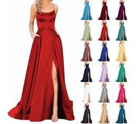 Angxiwan Warehouse Clearance Bargains Sale Women's Elegant Long Prom Dresses Satin A-line Wedding Dress Evening Dresses Sexy Halterneck Spaghetti Wedding Dress Sale Clearance Women A Red