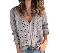 Angxiwan Warehouse Deals Clearance Long Sleeve Cardigans for Women UK Solid V-Neck Single-Breasted Buttons Hollow Out Cardigan Sweater Women 2024 Grey