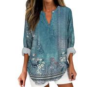 Angxiwan Warehouse Deals Clearance Returns Ladies Plus Size Shirts Womens Cotton Linen Tunic Tops for Women Spring Summer V Neck Roll Up 3/4 Sleeve T Lightning Deals of The Day Prime Blue