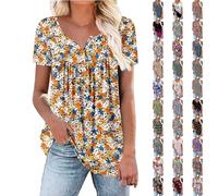 Angxiwan Warehouse Deals Clearance Returns Oversized T Shirts for Women Elegant Floral Print Shorts Sleeve Tunic Tops Casual V Neck Button Down Blouse Fashion Pleated Summer A Yellow