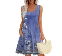 Angxiwan Warehouse Deals Clearance Returns Summer Dresses for Women UK Clearance Retro Print Sleeveless Mini Dress with Pockets Casual Loose Fit Sundress Ladies Flowy A Blue
