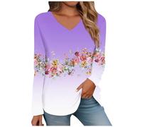 Angxiwan Warehouse Deals Clearance Returns Tunic Sweatshirt for Women Women's Long Sleeved V Neck Floral and Plant Printed Casual Fashion T Shirt Top Deal of The Day Today Purple