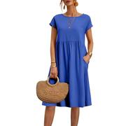 Angxiwan Warehouse Deals Clearance Summer Dresses for Women UK with Pockets Plus Size Short Sleeve Midi Dress Solid Color Crewneck Skater Dresses Christmas Deals of The Day Blue