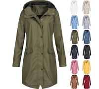 Angxiwan Waterproof Jacket for Women Lightweight Zipper Solid Color Long Rain Jacket With Pockets Casual Drawstring Plus Size Hoodie Coat Outdoor Camping Hiking Mountain Coat