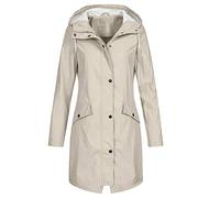Angxiwan Waterproof Jacket for Women UK Lightweight Zipper Long Rain Coats with Pockets Casual Drawstring Plus Size Hoodie Jackets Outdoor Windproof Camping Hiking Mountain Raincoat Beige