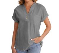 Angxiwan White Blouses for Women UK Plus Size Linen Blouses for Women with Pocket Plus Size Loose Fit Tunic Tops Casual Button V-Neck Short Sleeve Boho Shirts Summer Long T Shirts