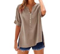 Angxiwan White Blouses for Women UK Plus Size Summer Womens Cotton Linen Loose Blouse Tops Ladies T-Shirts Plus Size Short Sleeve Tunic Tops Lightweight Button V-Neck Peplum