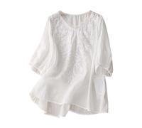 Angxiwan White Blouses for Women UK Short Sleeve Linen Tops for Women UK Plus Size Short Sleeve Tunic Blouse Retro Jacquard T-Shirts Baggy Loose Fit Shirt Lightweight Flowy Beach Coverups