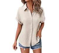 Angxiwan White Blouses for Women UK Summer Linen Tops for Women UK Lightweight Button Down Boho Shirts Casual Pleated Muslin Blouse Solid Color Short Sleeve Tunic Holiday Essentials