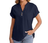 Angxiwan White Linen Shirt Women Linen Blouses for Women with Pocket Plus Size Loose Fit Tunic Tops Casual Button V-Neck Short Sleeve Boho Shirts Summer Peplum Tops