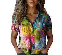 Angxiwan White Linen Shirt Women Linen Shirts Women Summer Short Sleeve Button Down T-Shirts with Pockets Elegant Graphic Print Tunic Tops Lightweight Loose Warehouse Deals Clearance