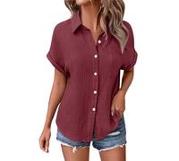 Angxiwan White Linen Shirt Women Summer Linen Tops for Women UK Lightweight Button Down Boho Shirts Casual Pleated Muslin Blouse Solid Color Short Sleeve Tunic My+Orders