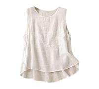 Angxiwan White Vest Top Womens Vest Top Linen Tops for Women Uk Retro Embroidered Loose Fit Sleeveless Tops Lightweight Crewneck Summer Shirt Baggy Casual Flowy Woman Tank Womens White Women