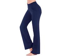 Angxiwan Women Flared Leggings Flare Trousers High Waisted Yoga Pants with Pockets Crossover Leggings Solid Color Workout Going Out Trousers Blue