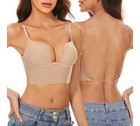 Angxiwan Women Low Back Bras Convertible Push Up Deep Plunge Bra Seamless U Shape Back Multiway Padded Backless Bra Plunge Bralette for Front Low Cut Dress Beige