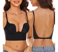 Angxiwan Women Low Back Bras Convertible Push Up Deep Plunge Bra Seamless U Shape Back Multiway Padded Backless Bra Plunge Bralette for Front Low Cut Dress Black