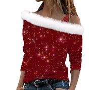 Angxiwan Women Off Shoulder Tops Plus Size Christmas Shirt Sexy Fur Collar Long Sleeve Pullover Xmas Printed T-Shirts Red