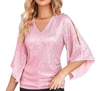 Angxiwan Womens Boho Top Womens Sequin Tops 3/4 Sleeve Glitter Sparkly Blouse V Neck Tops for Evening Shirts for Women Striped Full Length Long Ladies Size 8 UK Navy Long Sleeve Shirt