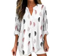 Angxiwan Womens Cotton Linen Tops for Women Spring Summer V Neck Roll Up 3/4 Sleeve T Shirts Plain Graphic Tees Womens Solid Color T Shirts Cotton T for Women UK Gypsy Tops