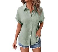 Angxiwan Womens Denim Shirt Summer Linen Tops for Women UK Lightweight Button Down Boho Shirts Casual Pleated Muslin Blouse Solid Color Short Sleeve Tunic Holiday Essentials for Women B Green