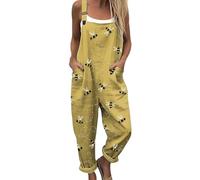 Angxiwan Womens Dungarees Dungarees for Women UK Plus Size Bee Floral Printed Wide Leg Bib Overalls with Pockets Summer Casual Adjustable Straps Loose Gardening Overalls for Women Black Jumpsuit