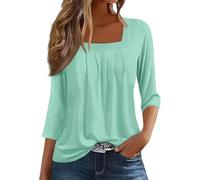 Angxiwan Womens Fashion Blouse A Solid Color T Shirt with A Square Neck for Ladies A Casual Pleated Loose and Flowing Three Quarter Sleeve Top Short Full Length Long Sleeve top White Party