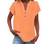 Angxiwan Women's Linen Tops Blouses Linen Shirt Women Plus Size Short Sleeve Boho Tunic Tops Lightweight Button V Neck T Shirts Summer Solid Color Flowy Hem Blouse Gypsy for Women