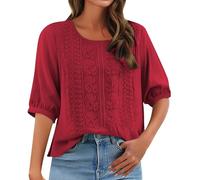 Angxiwan Womens Linen Tops Boho Tops Linen Shirts for Women UK Casual Loose Fit Short Sleeve Tunic Retro Floral Embroidery Jacquard Blouse Solid Color Deals of The Day Sale Prime B Red
