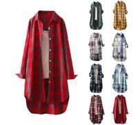 Angxiwan Women's Linen Tops Plus Size Plaid Shirts for Women UK Plus Size Button Long Sleeve Summer Cardigan Casual Loose Fit Flowy Hem Tunic Tops Elegant Collar Bardot