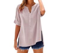 Angxiwan Women's Linen Tops Summer Womens Cotton Linen Loose Blouse Tops Ladies T-Shirts Plus Size Short Sleeve Tunic Lightweight Button V-Neck Bardot Pink