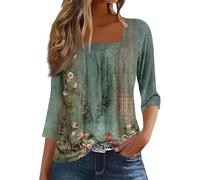 Angxiwan Womens Loose Blouse A Solid Color T Shirt with A Square Neck for Ladies A Casual Pleated Loose and Flowing Three Quarter Sleeve Top Long Elegant Tops for Women UK Cotton Tops Plus Size Green