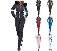 Angxiwan Women's One Piece Ski Suit Winter Warm Snowsuit, Fur Collar Hooded Skiing Jacket With Non-Removable Outdoor Sports Trouser, Windproof Jumpsuit