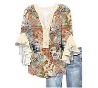 Angxiwan Womens Oversized Tshirts Summer Tops for Women UK Fashion Floral Print Flowy Ruffle Sleeve Tunic Tunic Tops Casual Loose Fit 3/4 Length Sleeves Shirts Pride for Women