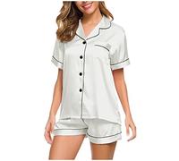 Angxiwan Women's Pyjama Set Two Piece Short Sleeve Button Down Shirts and Trousers Glossy Satin Pjs Sets Ladies Casual Loose Fit Pajamas Suit Sleepwear Loungewear Pajama Sets White