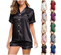 Angxiwan Women's Pyjama Set Two Piece Short Sleeve Button Down Shirts and Trousers Glossy Satin Pjs Sets Ladies Casual Loose Fit Pajamas Suit Sleepwear Loungewear Pajama Sets Black