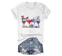 Angxiwan Womens Summer Tops Happy 4th of July Wine Glasses USA Flag Drinking Party Women T Shirt