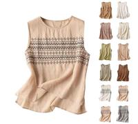 Angxiwan Womens Summer Tops Womens Sleeveless Tops Linen Vest for Women Uk Retro Embroidered Loose Fit Sleeveless Lightweight Crewneck Summer Shirt Baggy Casual Flowy Vests for Women UK Top Black Top
