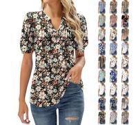 Angxiwan Work Blouses for Women Summer Tops for Women UK Clearance Casual Floral Pleated Going Out Blouse Plus Size Short Sleeve Tunic Tops Fashion V-Neck Ladies Cotton Summer A Black